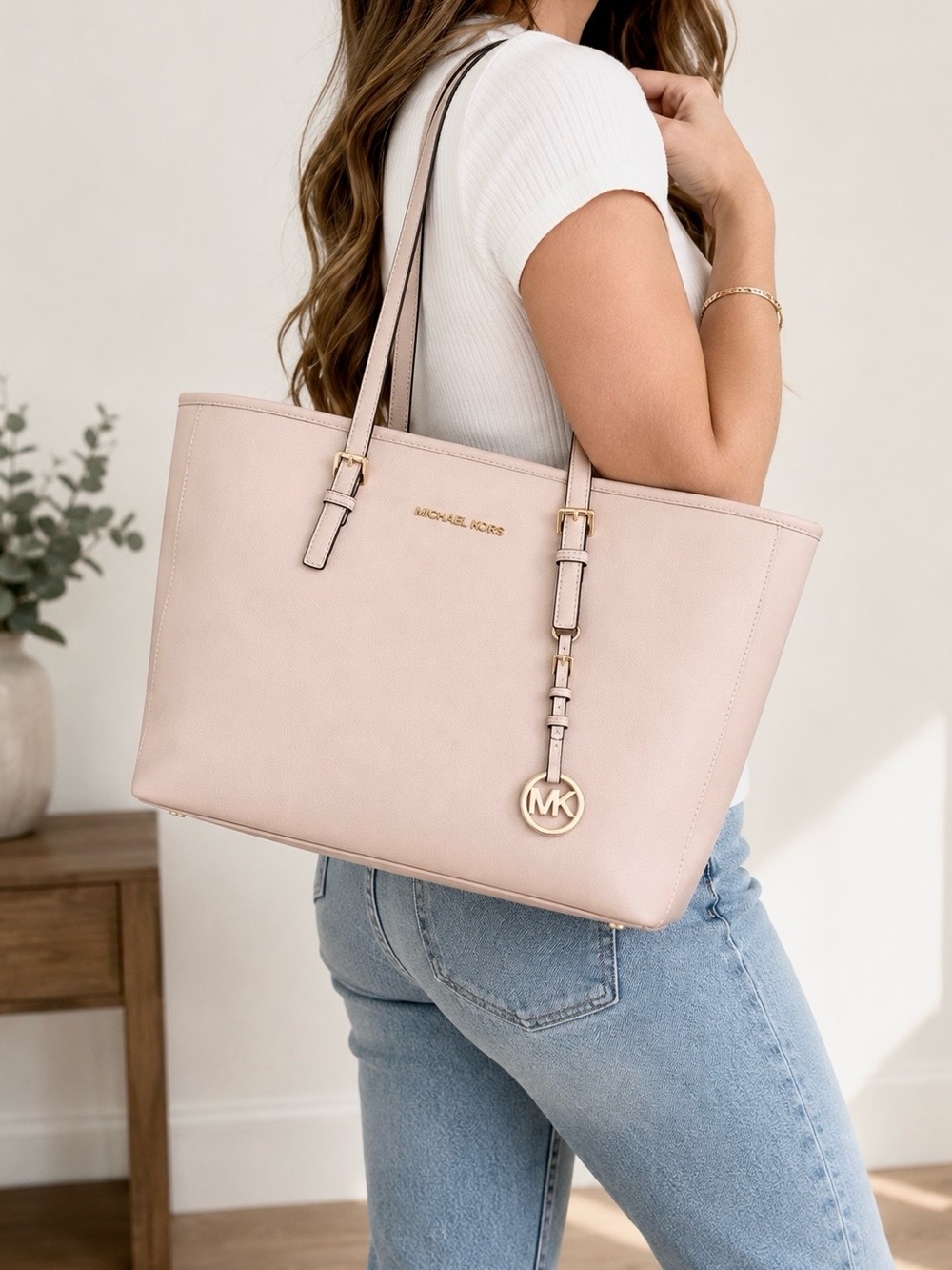 Michael Kors Light Pink Leather Tote with Gold Accents